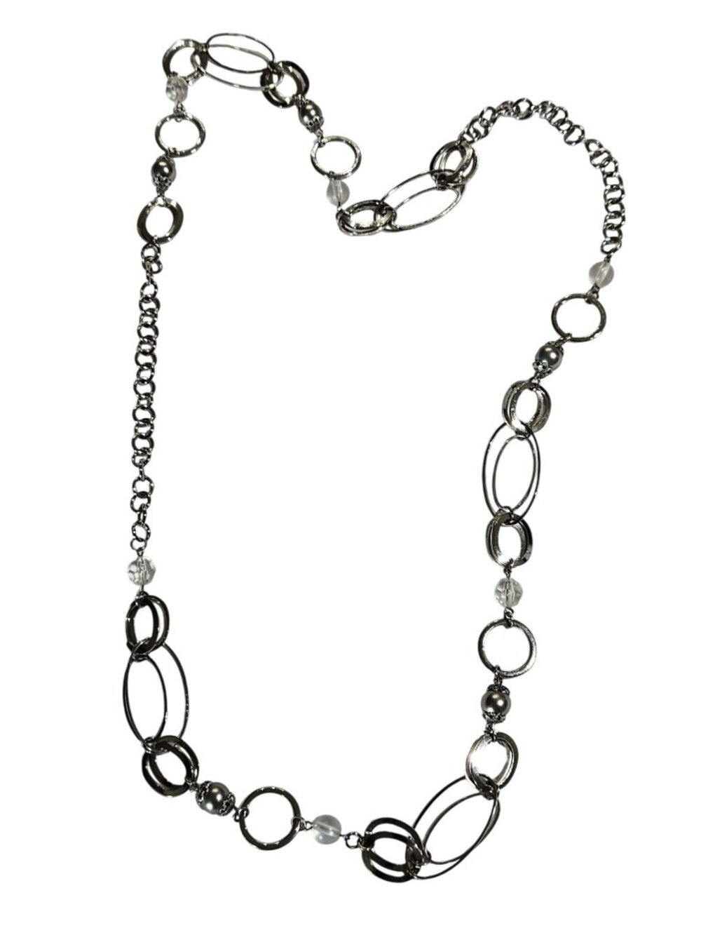 Silvertone Chain Necklace Clear Beads 37 inches Long